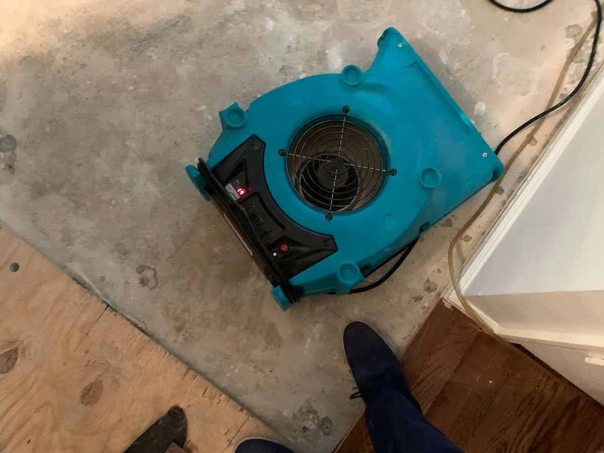 Air mover drying subfloor during Leak Detection & Repair in South Barrington